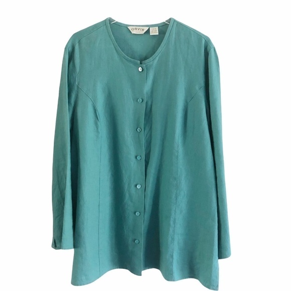Orvis 100% Linen Teal Lagenlook Blouse Large - Picture 1 of 9